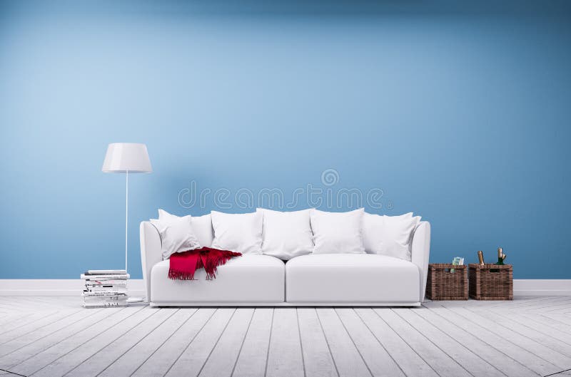 Sofa und Stehlampe an der blauen Wand