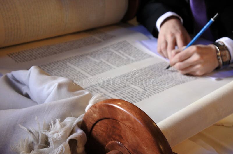 Sofer Completing the Final Letters of Sefer Torah Stock Photo Image