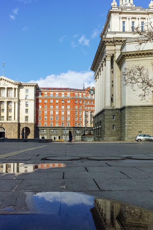 SOFIA, BULGARIA - FEBRUARY 5, 2017: Winter view of Buildings of Council of Ministers and Former Communist Party House in Sofia royalty free stock photos SOFIA, BULGARIA - FEBRUARY 5, 2017: Winter view of Buildings of Council of Ministers and Former Communist Party House in Sofia royalty free stock photos