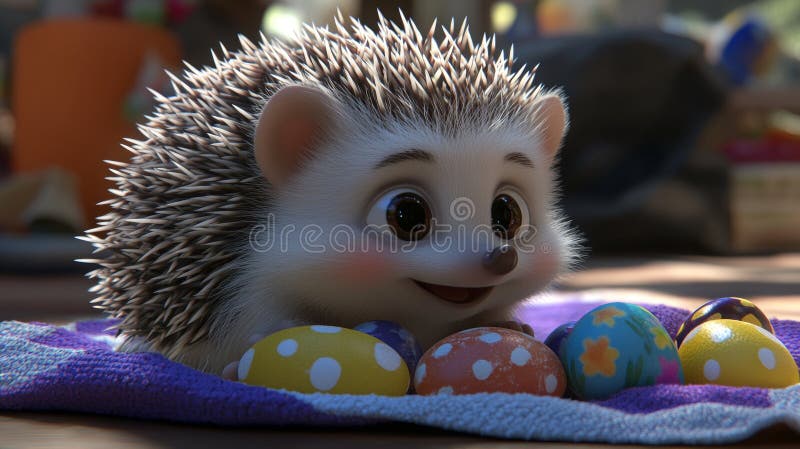 On a soft blanket, a delightful hedgehog is pictured with an array of colorful Easter eggs, embodying the festive spirit royalty free stock images