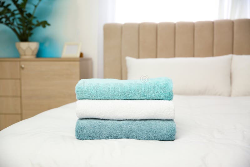 Soft Clean Towels on Bed at Home Stock Photo Image of fiber, group 196427136
