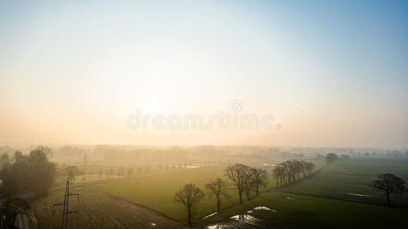 Soft Dawn Light Over a Misty Rural Landscape with Scattered Trees royalty free stock photography
