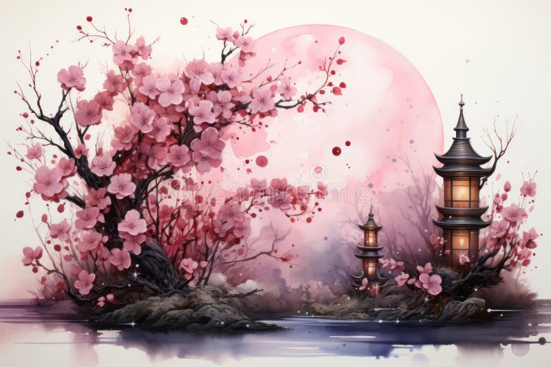 Cherry blossom tree in traditional Japanese painting Sumi-e ink art. AI  generative. 31549731 Stock Photo at Vecteezy