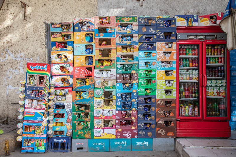 Cases of Soft Drinks Piled Up at a Shop in Giza Editorial Photo Image