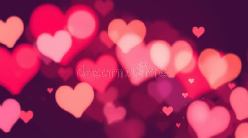 Soft focus background filled with glowing pink and peach hearts against a deep violet backdrop the bokeh style lights create a royalty-vrije illustratie