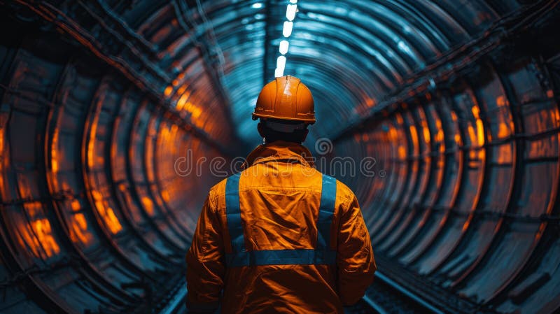 Soft focus and blurred lighting background of focus at railway. Engineer or technician control. Underground tunnel infrastructure stock photo