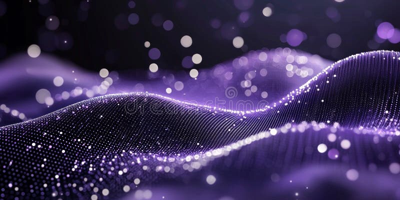 A soft glow emanates from clusters of purple particles, forming a dynamic wave that undulates gracefully against a black royalty free stock photo