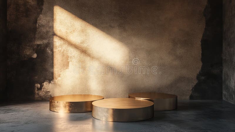 Minimalist interior with golden platforms and soft light in a rustic setting. Generative AI. Soft golden light streams through a window, illuminating three circular platforms in a rustic space. The warm tones create an inviting atmosphere, enhancing the minimalist design.