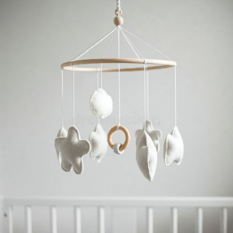 A soft, minimalist baby mobile features plush white shapes including stars, clouds vector illustration