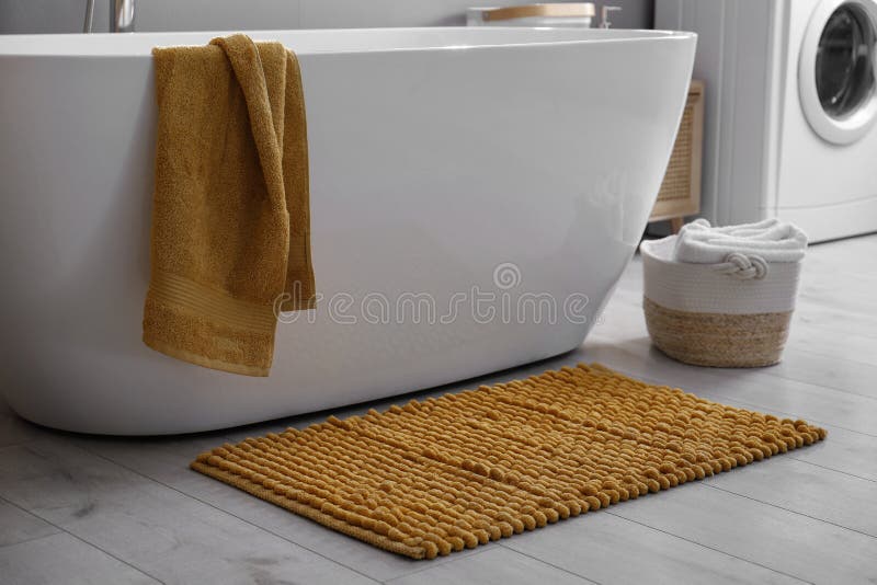 Soft Orange Mat Floor Near Tub Bathroom Stock Photos Free & Royalty