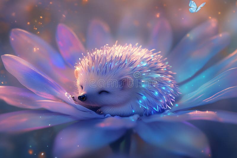 Soft pastel hedgehog resting on a large flower with subtle glowing effects and a butterfly hovering overhead in a serene setting stock image