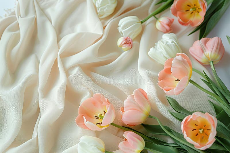 Soft Peach Tulips On Creamy Fabric vector illustration