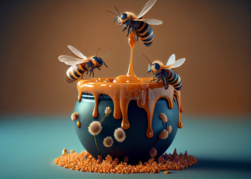 Soft Pop Style Bees and Cup with Honey, AI Generated Stock Image