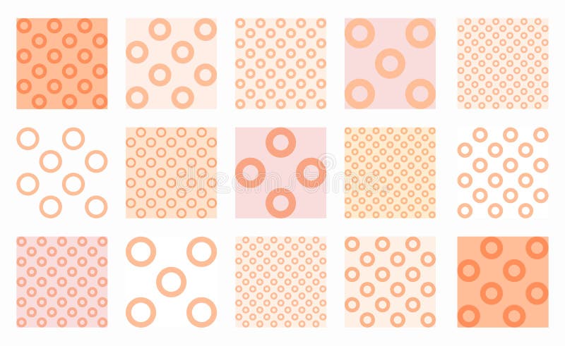 Soft, seamless vector patterns in Peach Fuzz, featuring rings and circles in various grid styles. Perfect for gentle backgrounds royalty free illustration