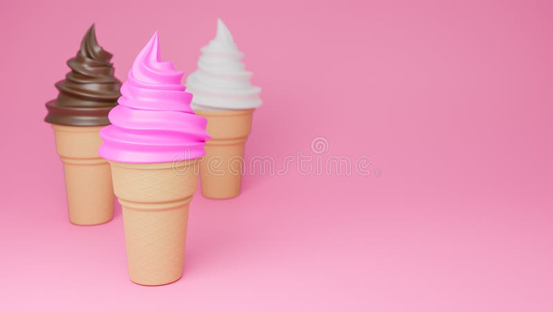 Soft serve ice cream of chocolate, vanilla and strawberry flavours on crispy cone on pink background.,3d model and illustration