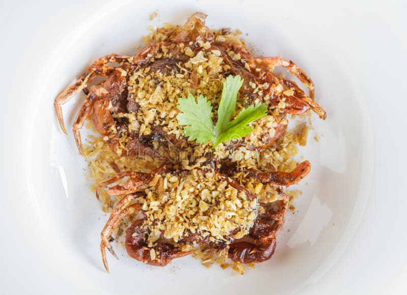 Soft shell crab fried with garlic stock images