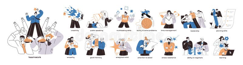Soft skills concept set. Different abilities for employees: communication, teamwork, time management, multitasking. Competences vector illustration