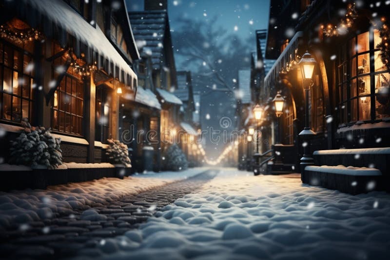 Soft snowfall blankets a tranquil street, gentle flakes descending gracefully stock illustration