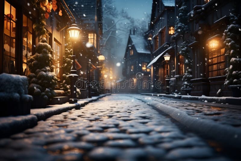 Soft snowfall blankets a tranquil street, gentle flakes descending gracefully vector illustration