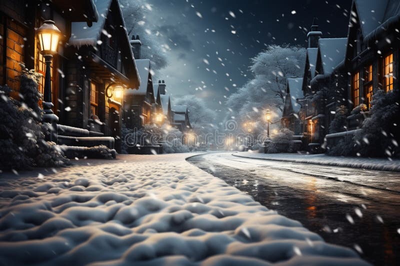 Soft snowfall blankets a tranquil street, gentle flakes descending gracefully stock illustration