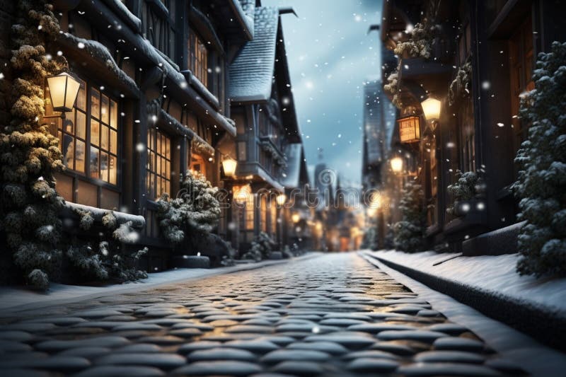 Soft snowfall blankets a tranquil street, gentle flakes descending gracefully stock illustration