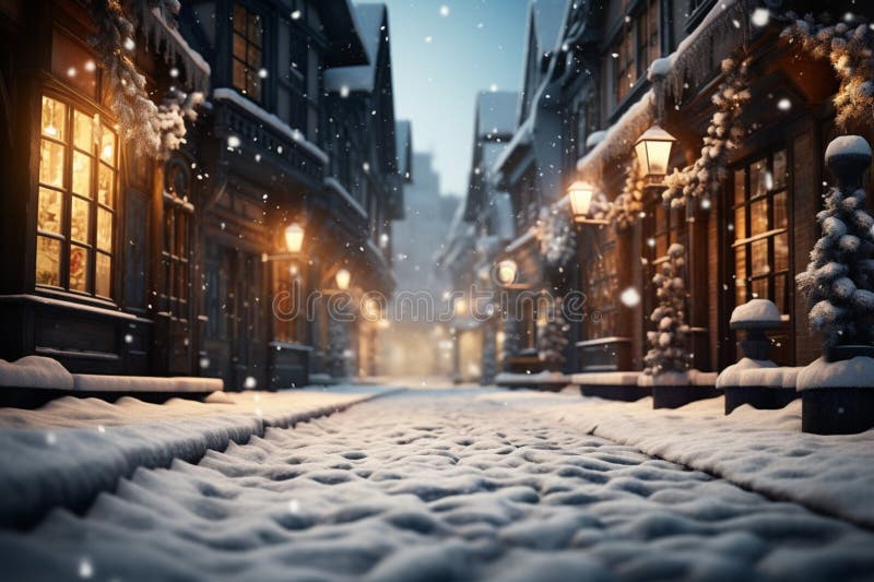Soft snowfall blankets a tranquil street, gentle flakes descending gracefully stock illustration