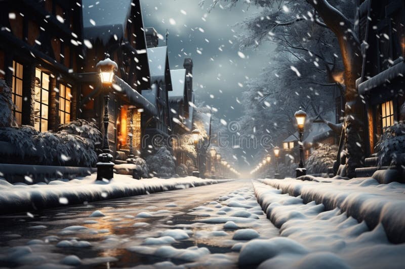 Soft snowfall blankets a tranquil street, gentle flakes descending gracefully vector illustration