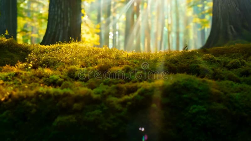 Soft sunlight streams through the trees in a tranquil forest during autumn vector illustration