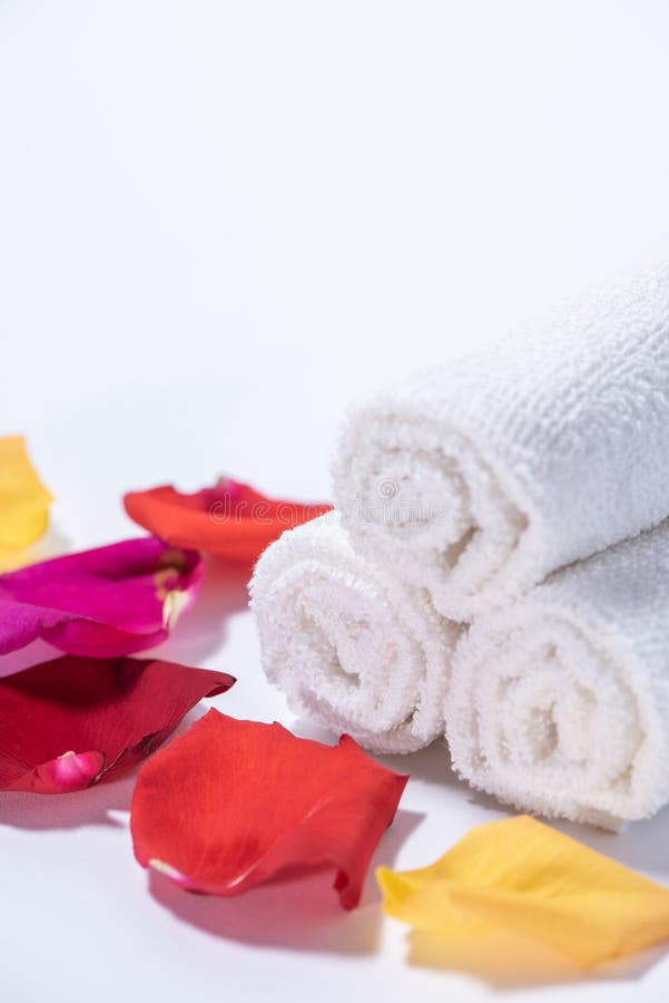 Soft Terry Towels Rose Petals For Skin Care And Spa On A White