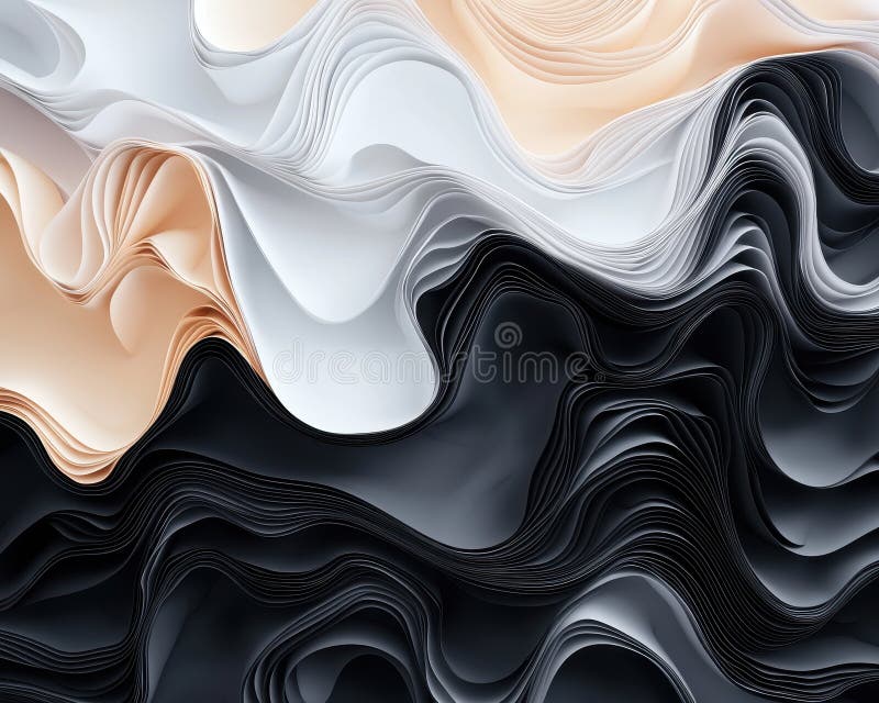 Soft, undulating layers of fabric in white, black, and peach tones stock illustration