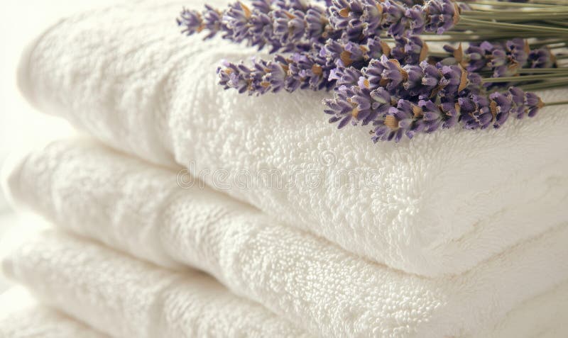 Soft white towels stacked with fresh lavender for a calming spa experience. Pampering experience stock images, royalty-free photos and pictures