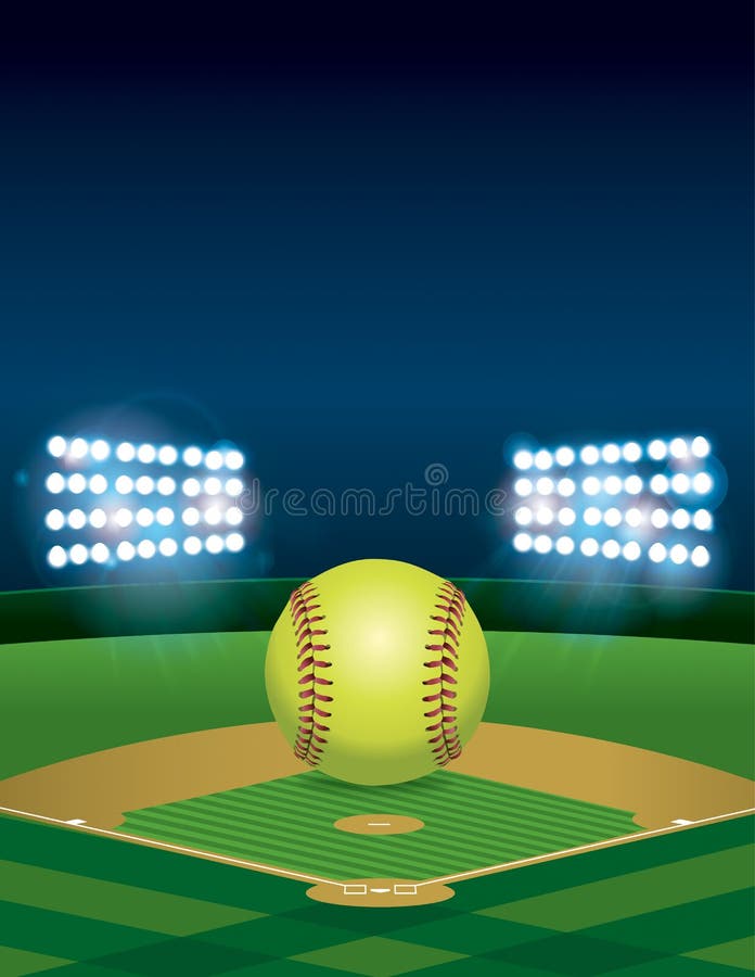 A yellow softball sitting on an illuminated softball field at night. Vertical orientation. Room for copy. Vector EPS 10 available. EPS file contains transparencies and gradient mesh. A yellow softball sitting on an illuminated softball field at night. Vertical orientation. Room for copy. Vector EPS 10 available. EPS file contains transparencies and gradient mesh.