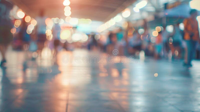 A softly blurred shot of wide stadium concourse with fans and vendors during an event vector illustratie
