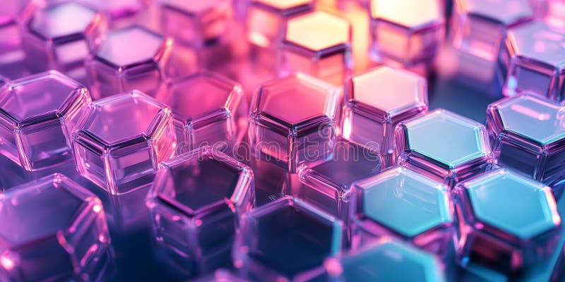 Softly glowing neon hexagons, with a gradient color palette of pink to blue, embedded in a transparent, glassy surface with light bouncing off their edges. AI generated