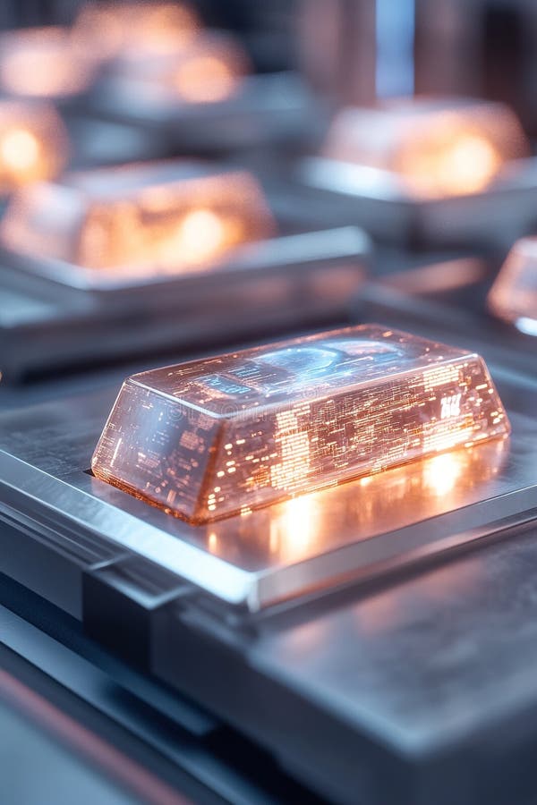 In a softly illuminated digital vault, holographic gold bars are displayed prominently alongside advanced financial stock photography