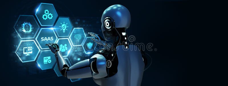 Software as a Service SaaS. Software concept. Robot pressing button on virtual screen. 3d render royalty free illustration