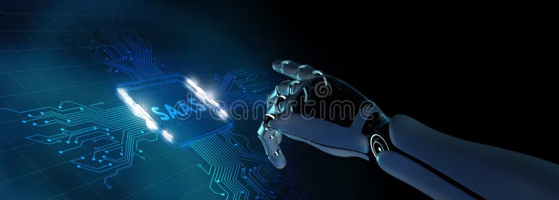 Software as a Service SaaS. Software concept. Robot pressing button on virtual screen. 3d render stock illustration