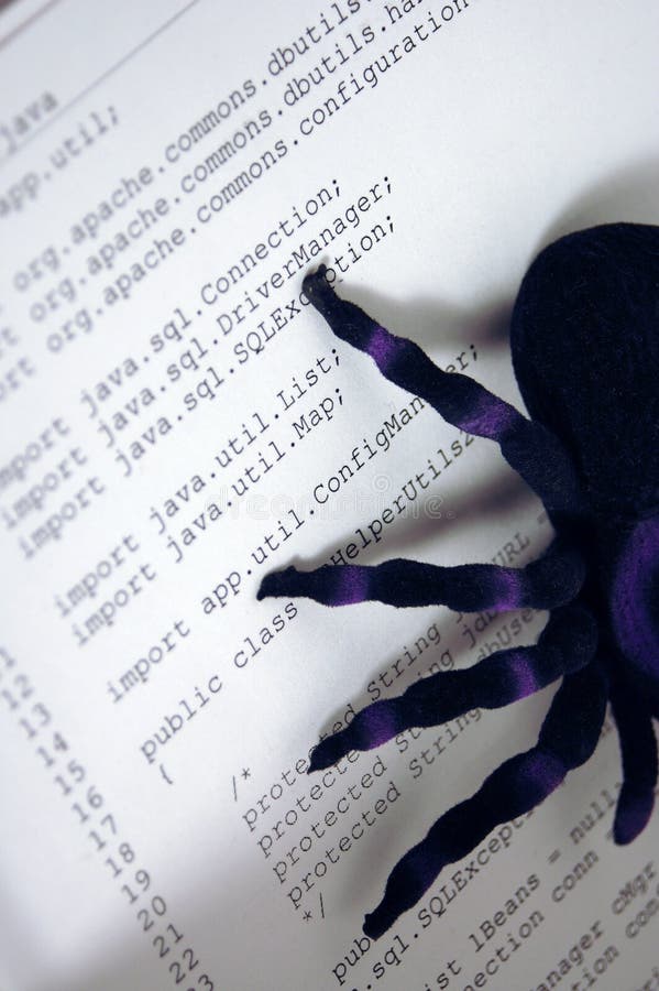 Image of spider on hardcopy of computer code. Indicates bugs or errors or problems with computer programs or software. Shadows from bug legs indicate infection or infiltration into program. Image oriented vertically to accentuate bug crawling over code or program. Image of spider on hardcopy of computer code. Indicates bugs or errors or problems with computer programs or software. Shadows from bug legs indicate infection or infiltration into program. Image oriented vertically to accentuate bug crawling over code or program.