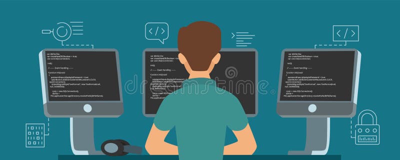 Software developer character. Vector programmer develops code illustration