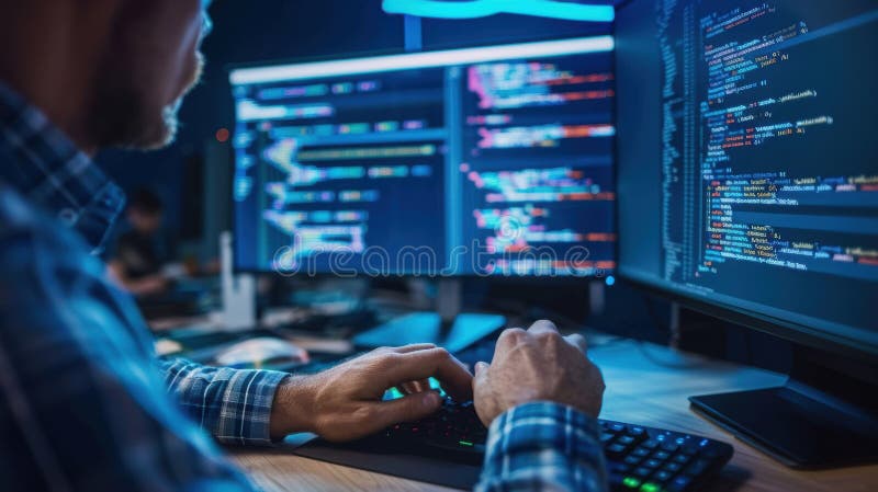 Software developer, coder immersed in coding, working on laptop. Innovation driving forward development of modern stock illustration