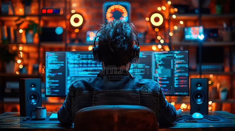 Software developer coding, collaborating, and testing applications in a modern development environment stock illustration
