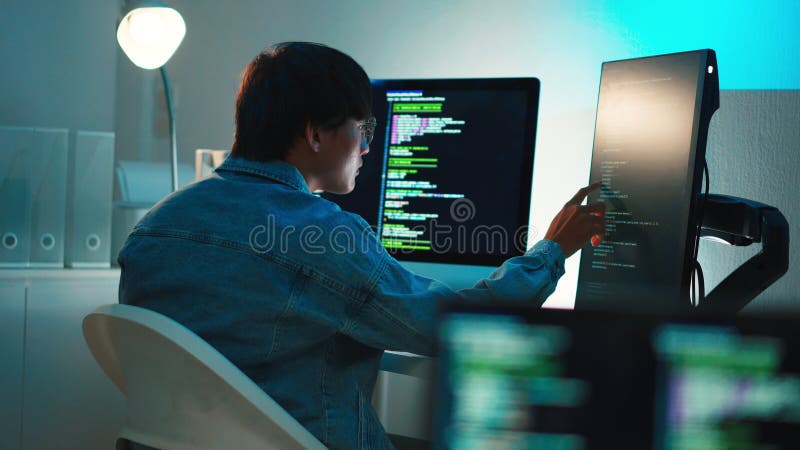 Software developer debugging code identifying issue programming application system development process tech interface. Code programming video