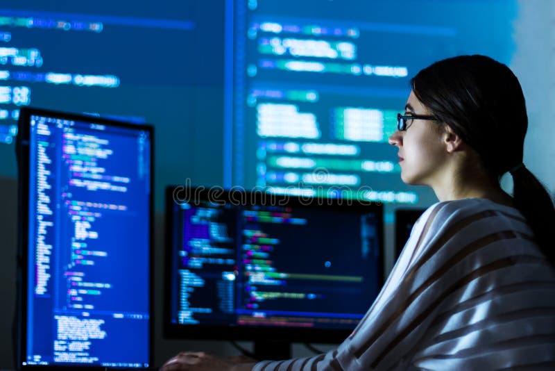 Software developer, freelancer working with program code stock image