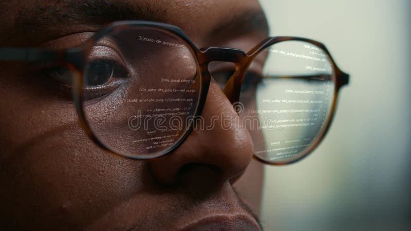 Software developer reads algorithm data through code reflections software developer studies code data through glasses reflections απόθεμα βίντεο