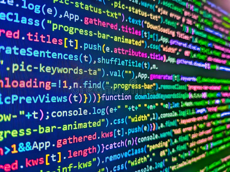 Software developer screen background- source code script. Programmer working in a software develop company office. Code text royalty free stock image