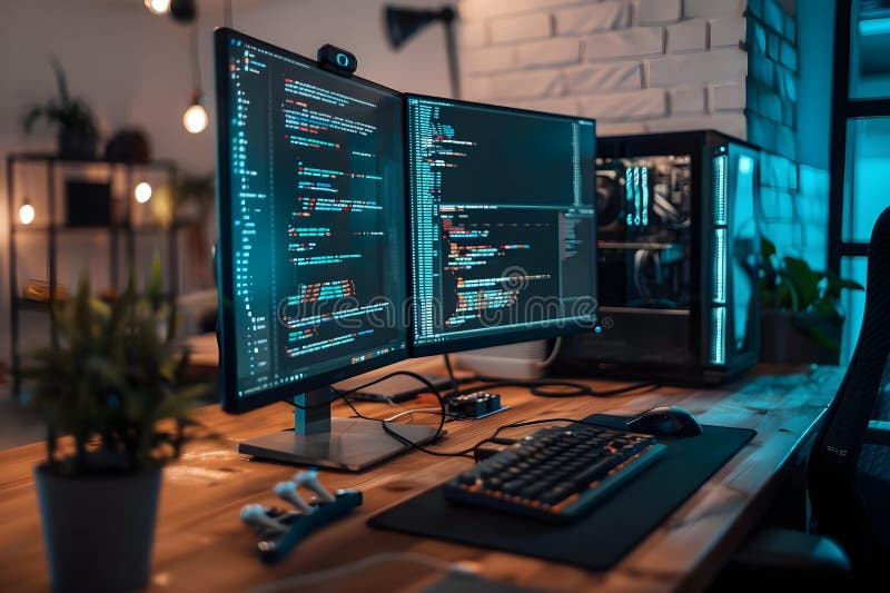 Software Developers Code on Modern Dual Monitors, Utilizing Advanced Computer Setup for Efficient Programming, Illuminated by Warm stock illustration