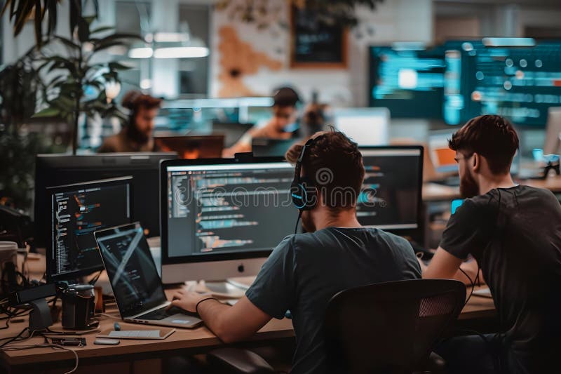 Software Developers Collaborate on Complex Coding Projects, Utilizing Multiple Screens and Advanced Technologies in a Modern Office Setting, Enhancing Efficiency and Productivity Through Teamwork. Generative AI image. Advanced artificial intelligence administration stock images, royalty-free photos and pictures