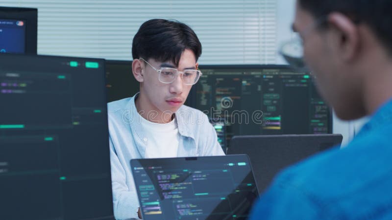 Software developers collaborating on artificial intelligence code programmers collaborate on software development coding