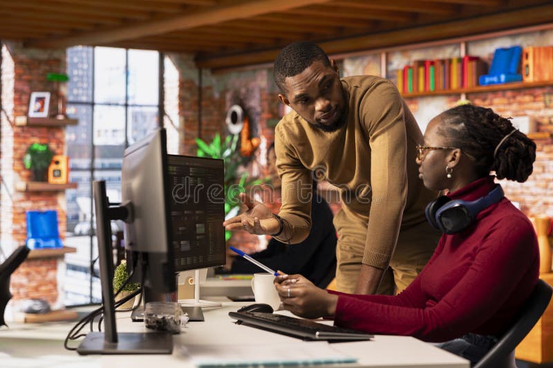 Software development agency IT coworkers doing brainstorming, coding stock images