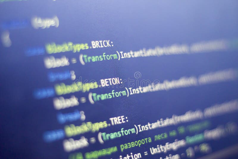 Software development C-Sharp C ,. NET code close up. Macro shot of game developer screen stock images